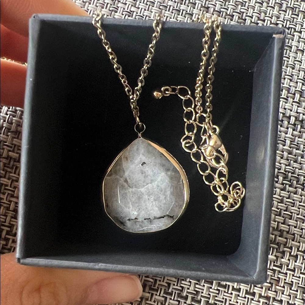 Labradorite Tear Drop Pendant Long Necklace in Gold